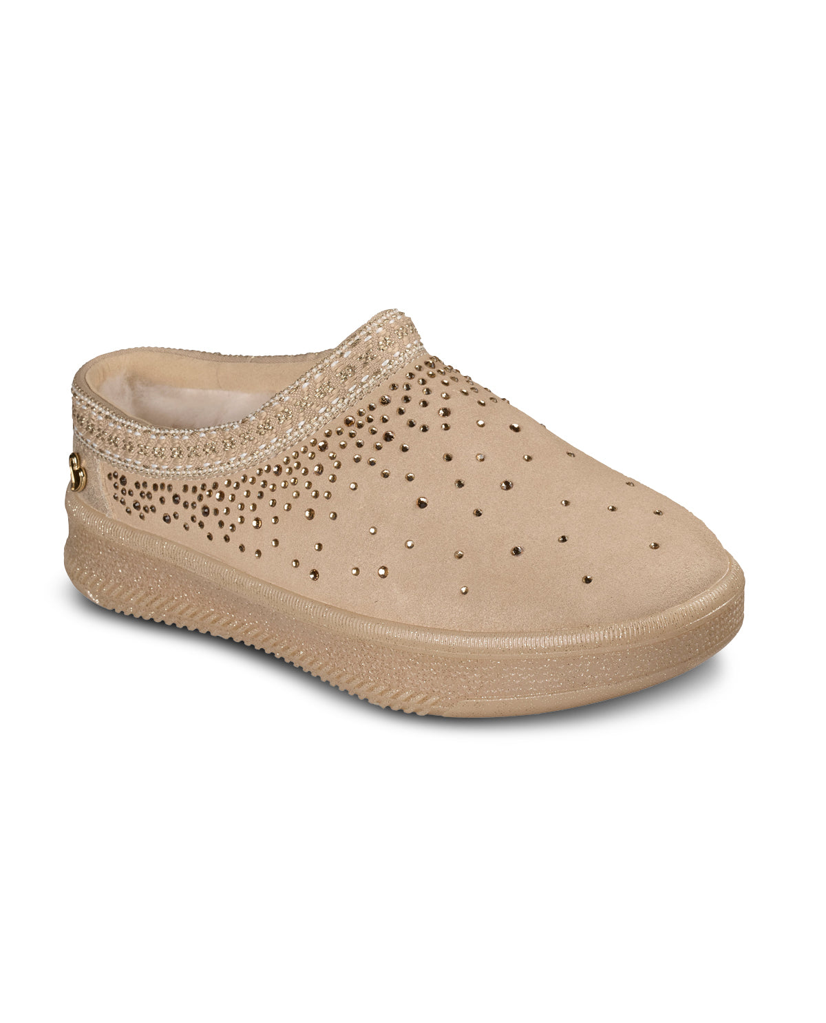 Sand slip-on shoe with embellishments on a white background