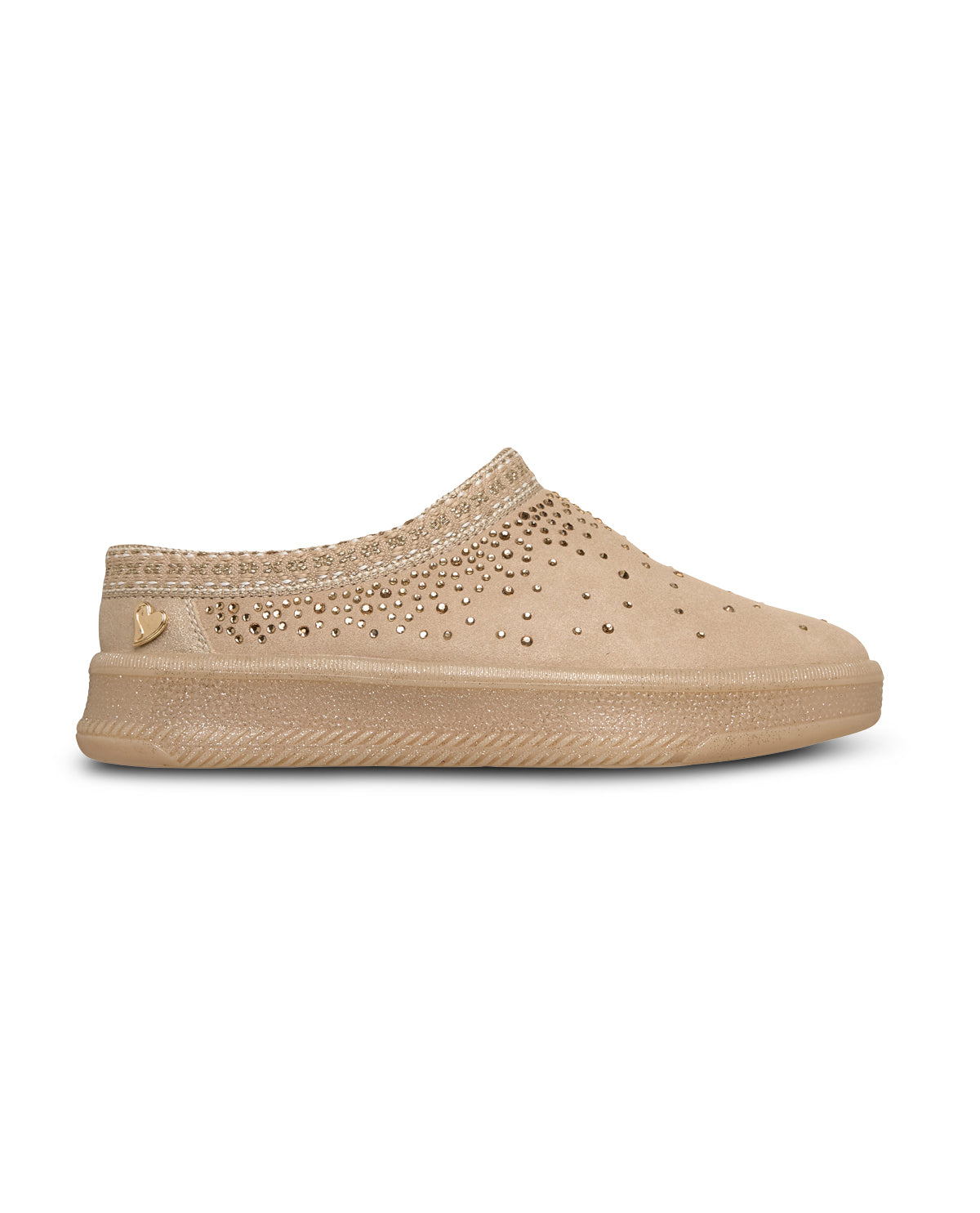 Sand slip-on shoe with rhinestone embellishments on a white background