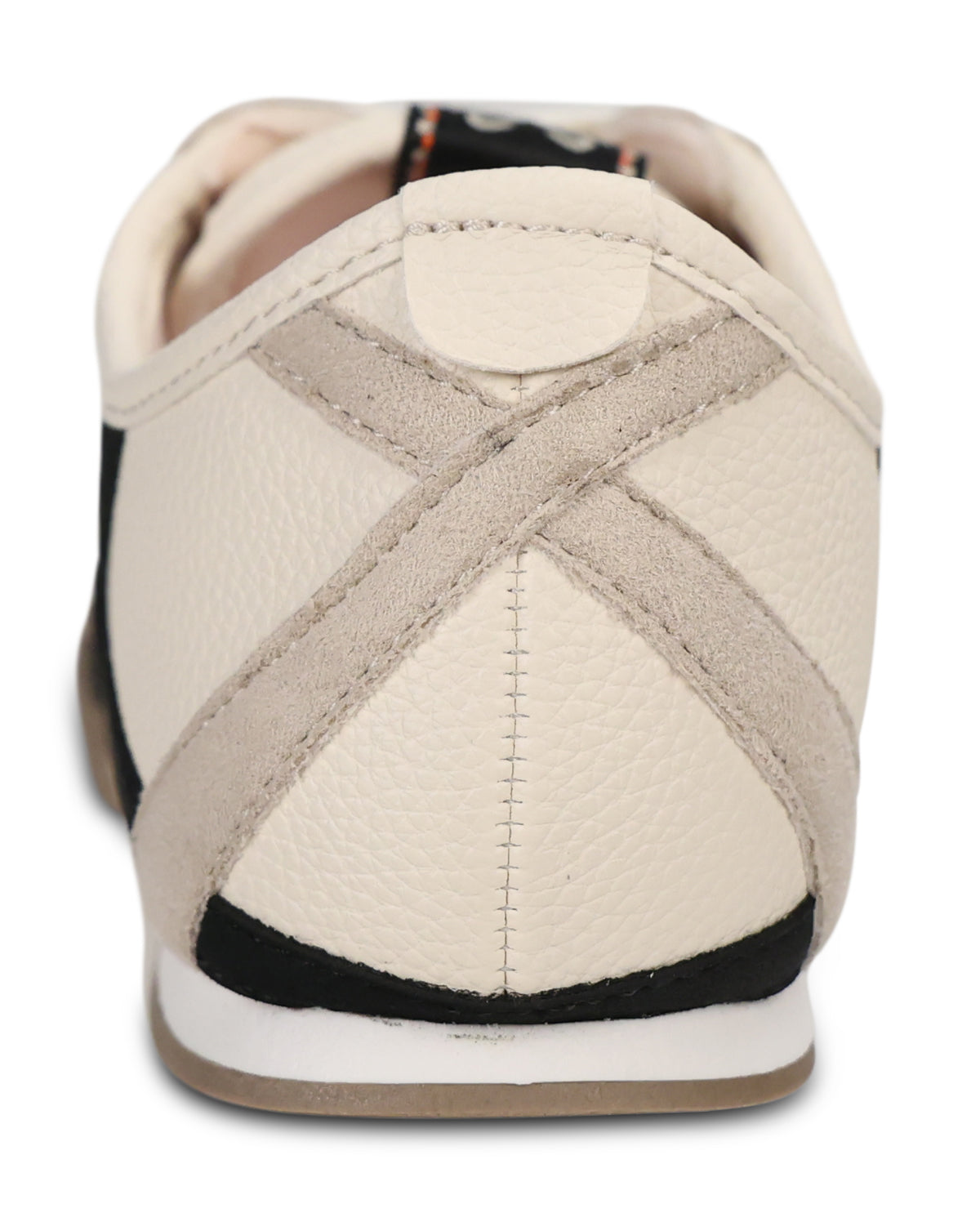 A close-up rear view of a low-top sneaker in off-white and beige leather with a black accent stripe on the heel and a white midsole.