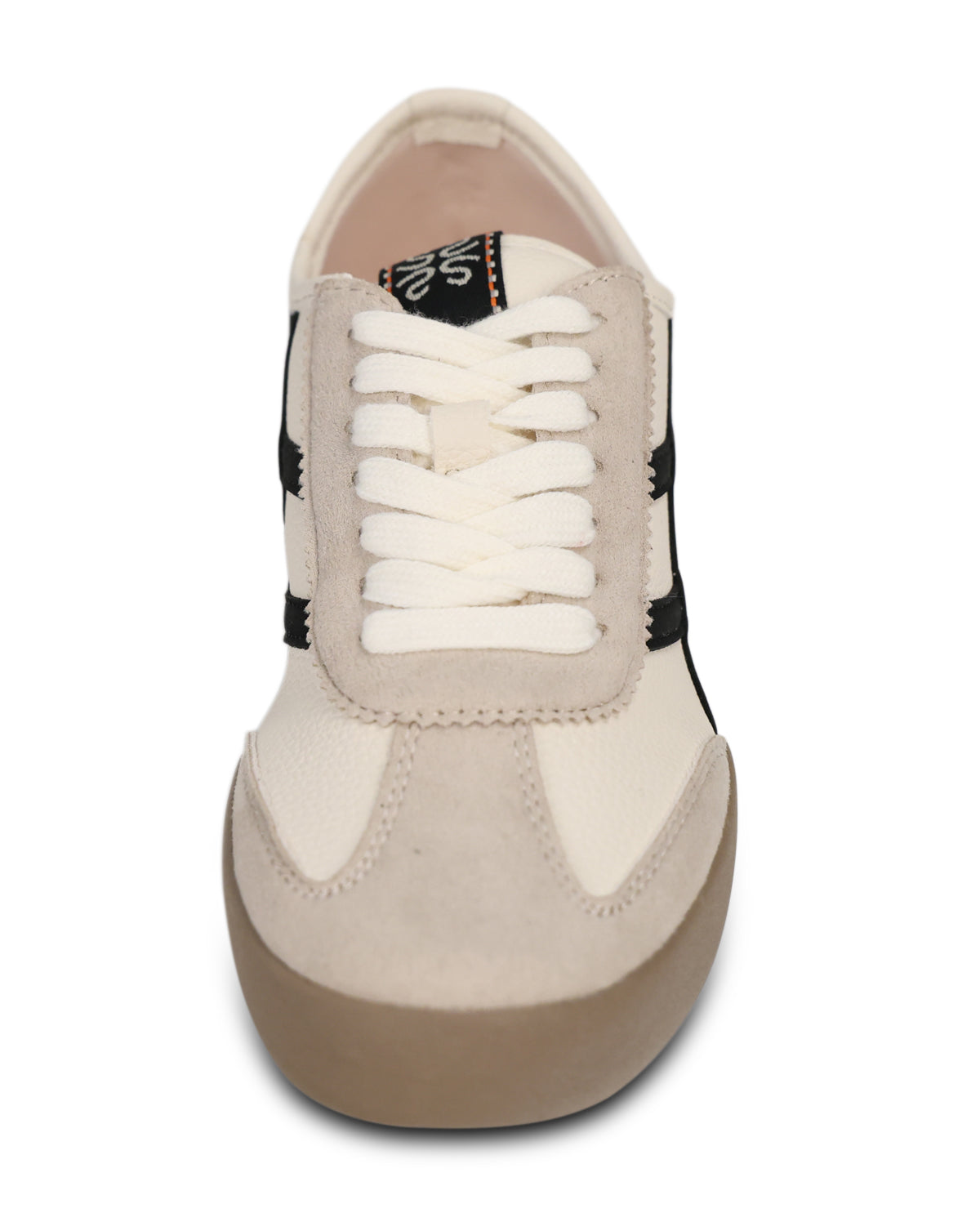 A low-top sneaker shown from a front-facing overhead angle on a white background. The shoe features a cream and beige suede and canvas upper with white laces, black side stripes, and a gum-colored sole.