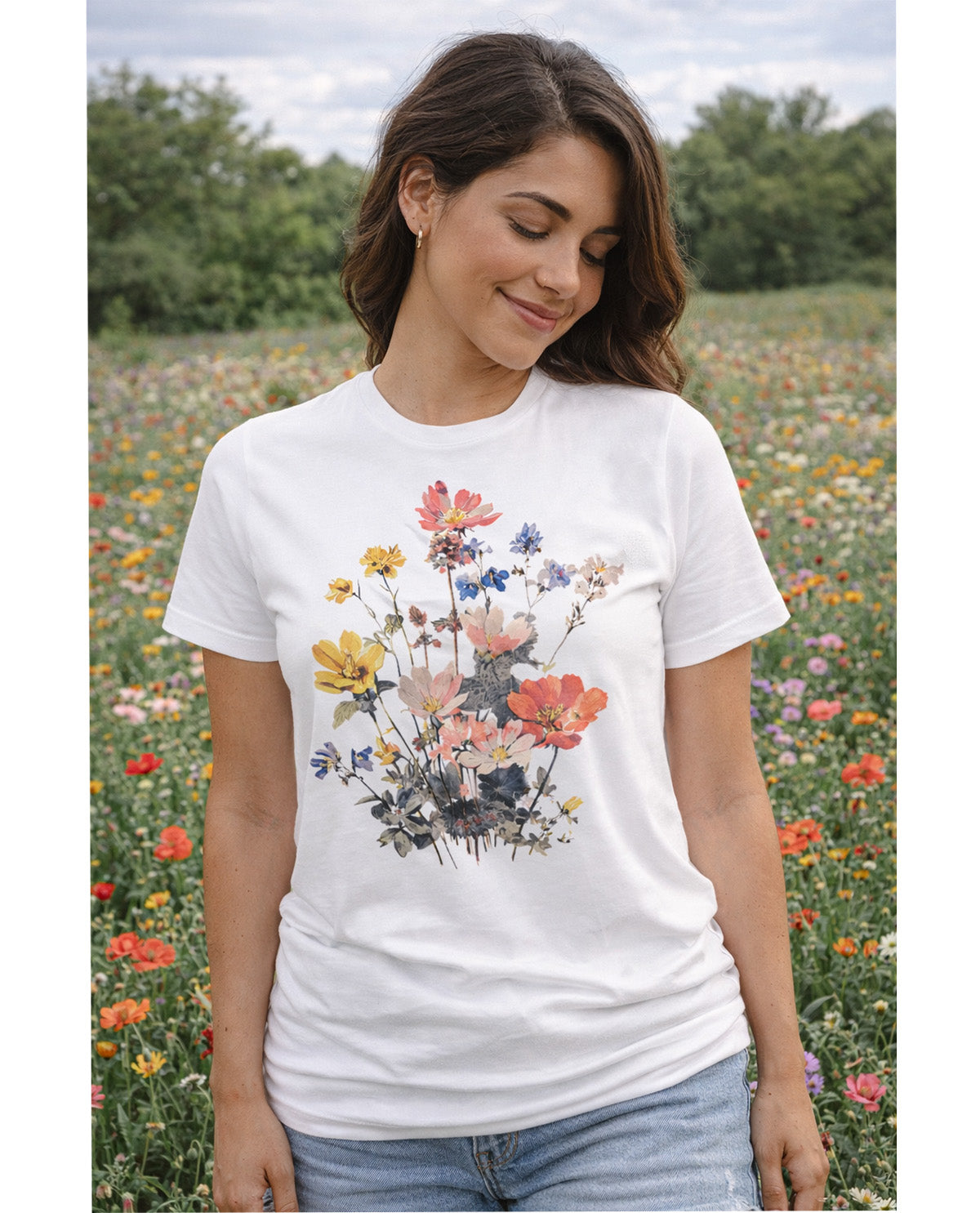 Southern Gal Garden Flowers Short Sleeve Screen Tee White