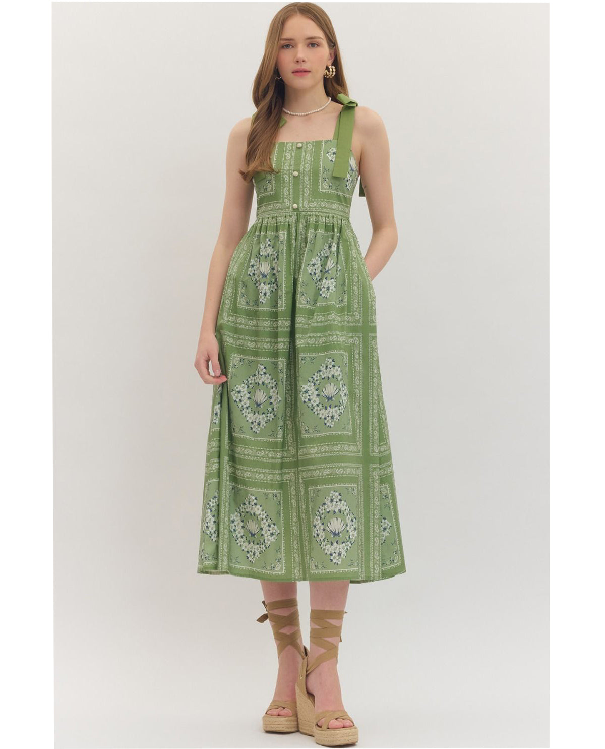 Entro Print Sleevless Dress With Wide Straps Matcha
