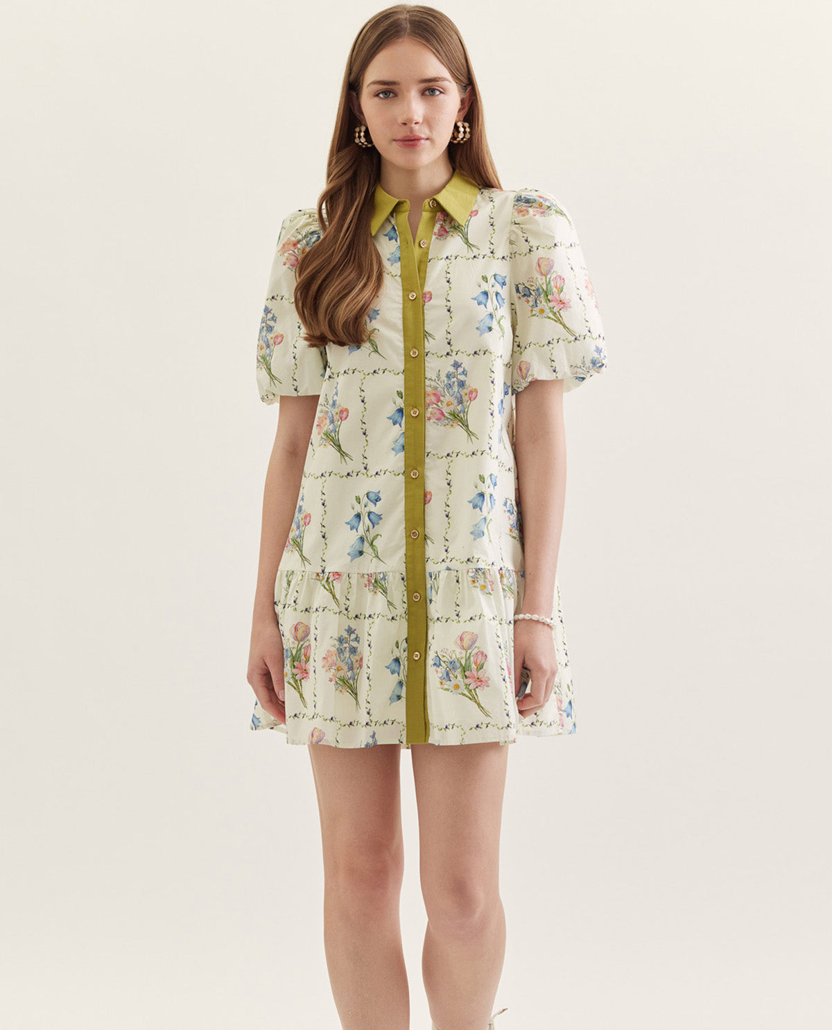 Entro Print Button Front Dress With Collar Ecru