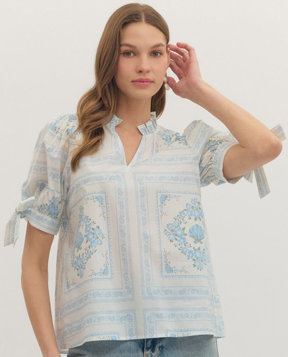 Entro Print Puff Sleeve Top With Tie Sleeve Detail Cream