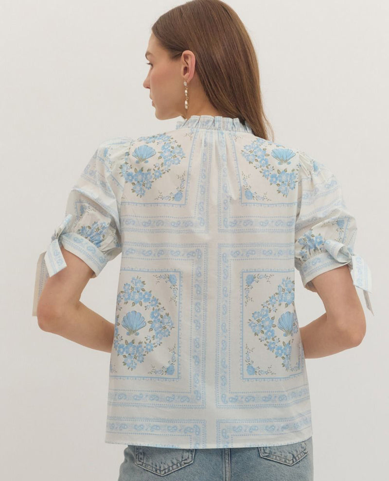 Entro Print Puff Sleeve Top With Tie Sleeve Detail Cream