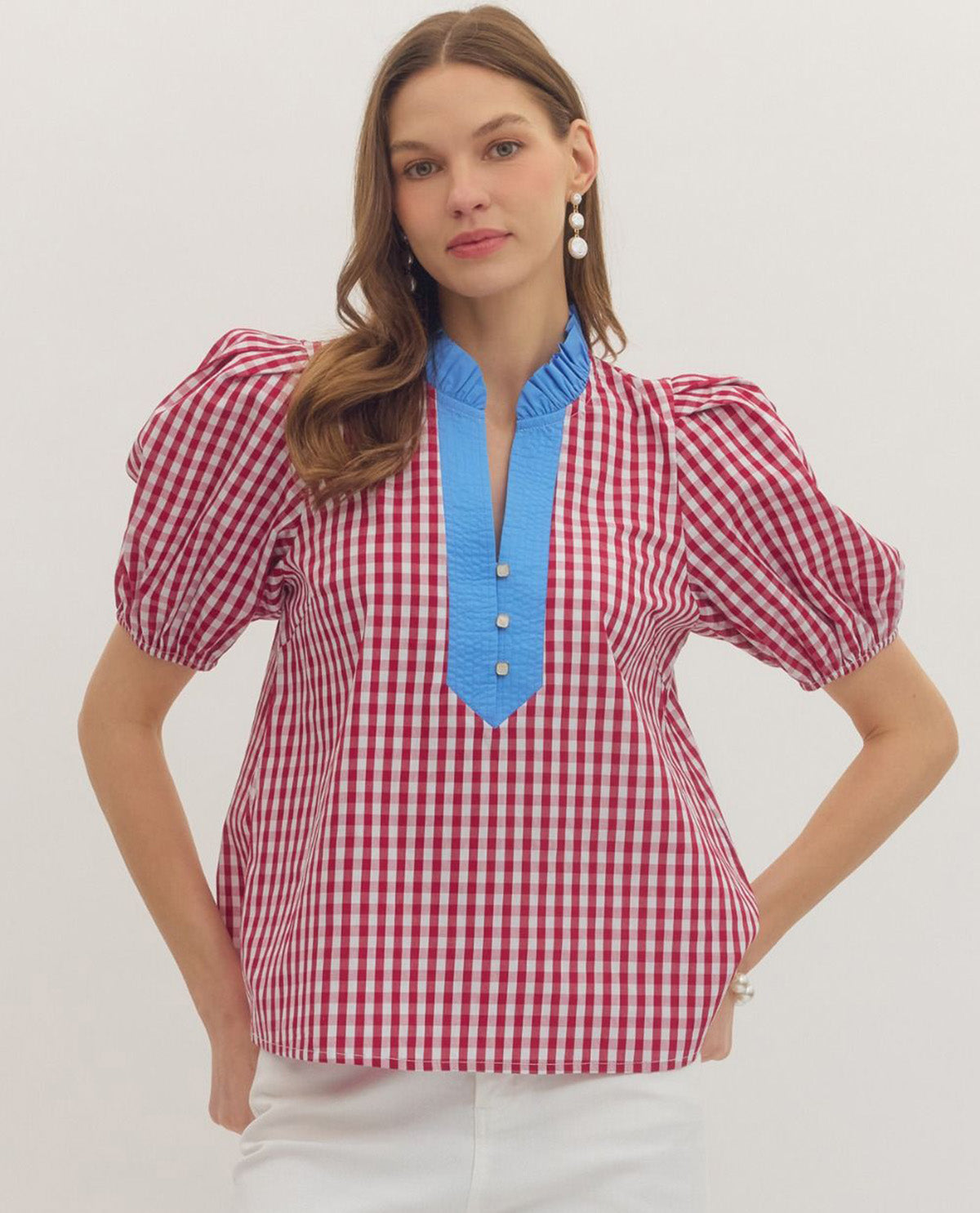 Entro Gingham Top With Solid Placket Red