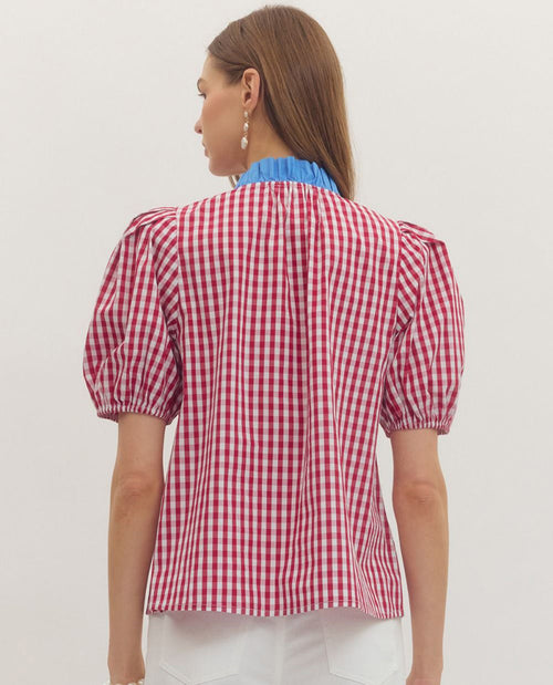 Entro Gingham Top With Solid Placket Red