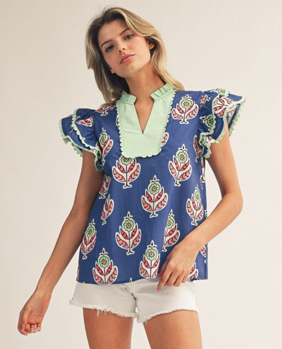 Jodifl Print Top With Flutter Sleeve and Solid Trim Blue