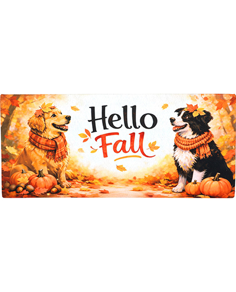 Two dogs with fall-themed decorations and 'Hello Fall' text on a white background