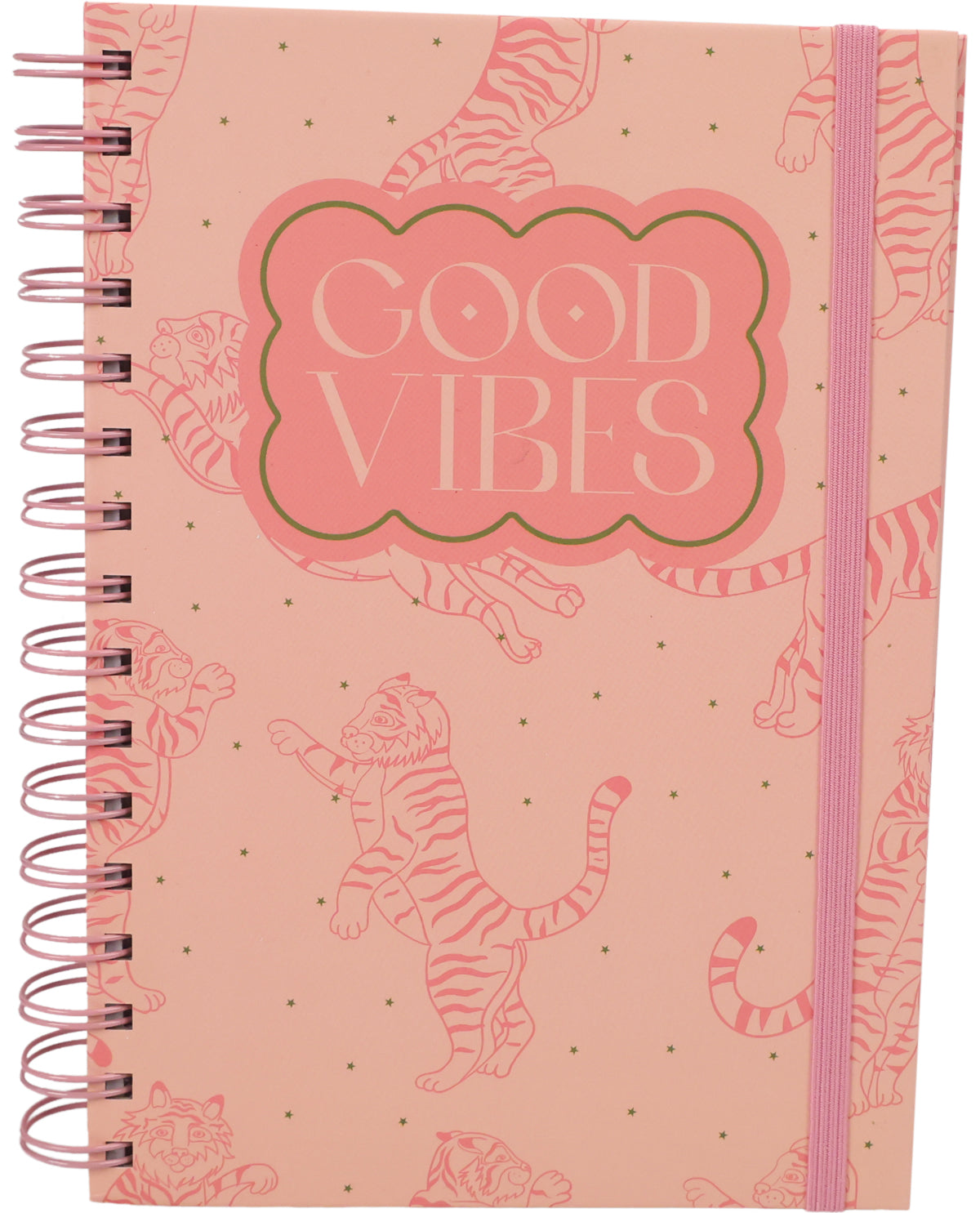 A spiral-bound notebook with a pink cover featuring line-art illustrations of tigers and the words 'GOOD VIBES' in a decorative pink badge. The notebook has a pink elastic closure band and is photographed on a plain white background.