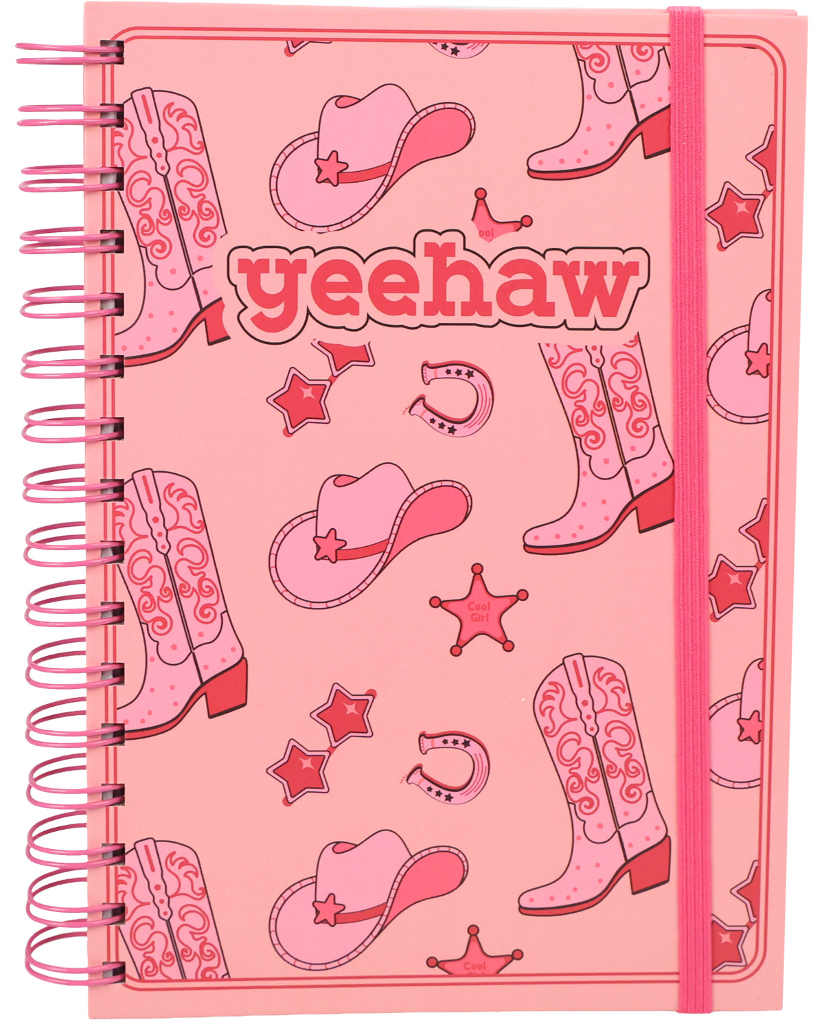 A pink spiral-bound notebook with a western-themed pattern featuring cowboy boots, hats, stars, horseshoes, and the word 'yeehaw' in bold letters on the front cover.