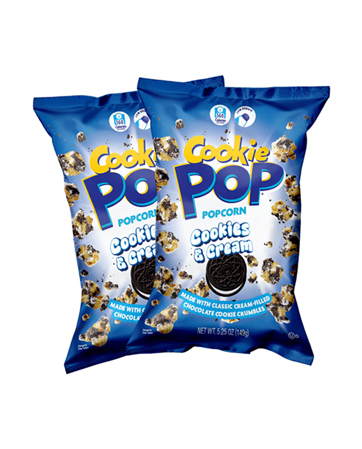 Two packages of Cookie Pop popcorn with blue and yellow packaging.