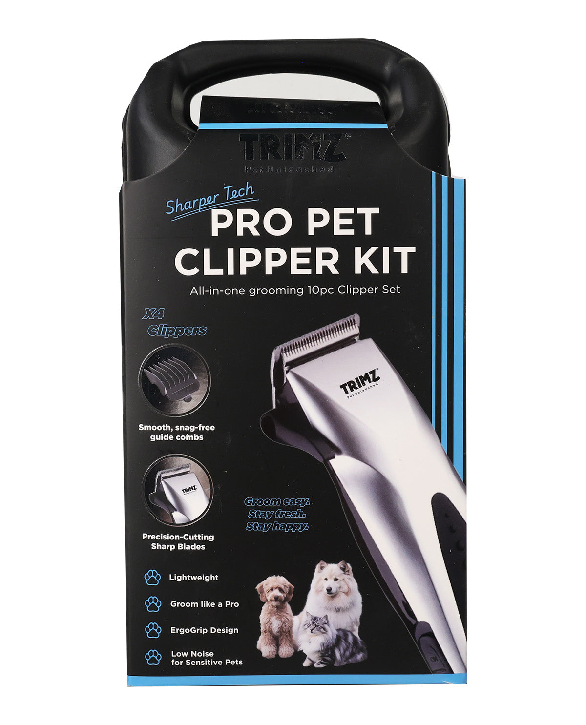 Trimz Pro Pet Clipper Kit in a black carrying case with blue accents, featuring a pet clipper and text highlighting features like 15 clips and silver sharp blades.