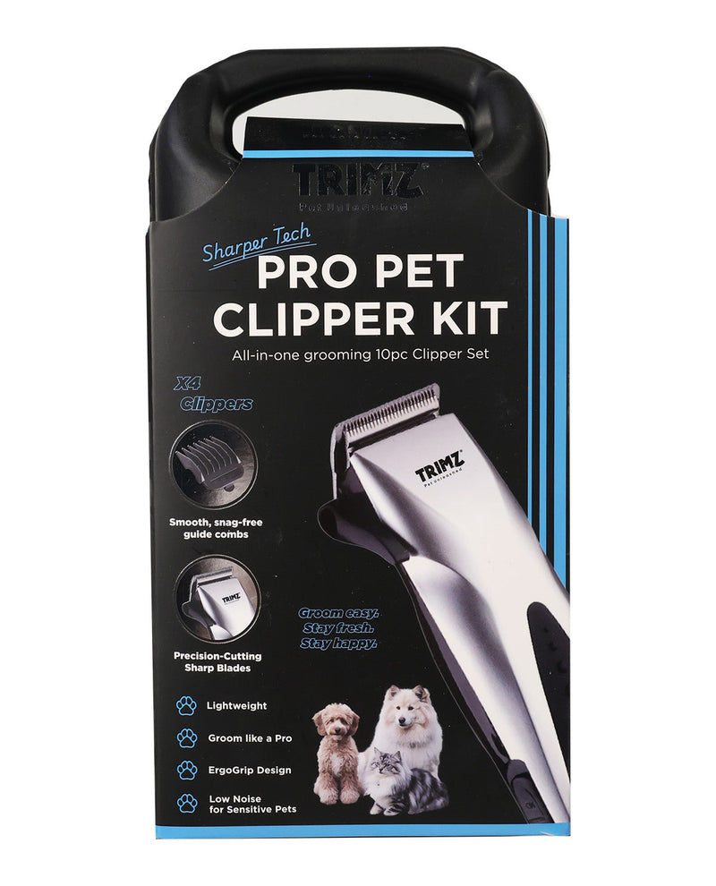 Trimz Pro Pet Clipper Kit in a black carrying case with blue accents, featuring a pet clipper and text highlighting features like 15 clips and silver sharp blades.