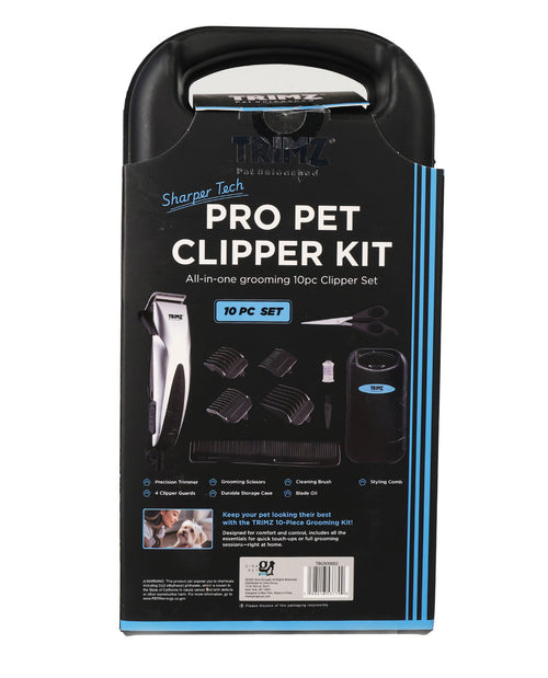 A boxed pet grooming clipper kit on a plain white background. The package is black with blue accents and large white text reading 'PRO PET CLIPPER KIT' and '10 PC SET.