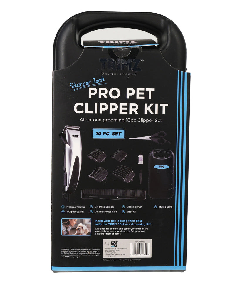 A boxed pet grooming clipper kit on a plain white background. The package is black with blue accents and large white text reading 'PRO PET CLIPPER KIT' and '10 PC SET.
