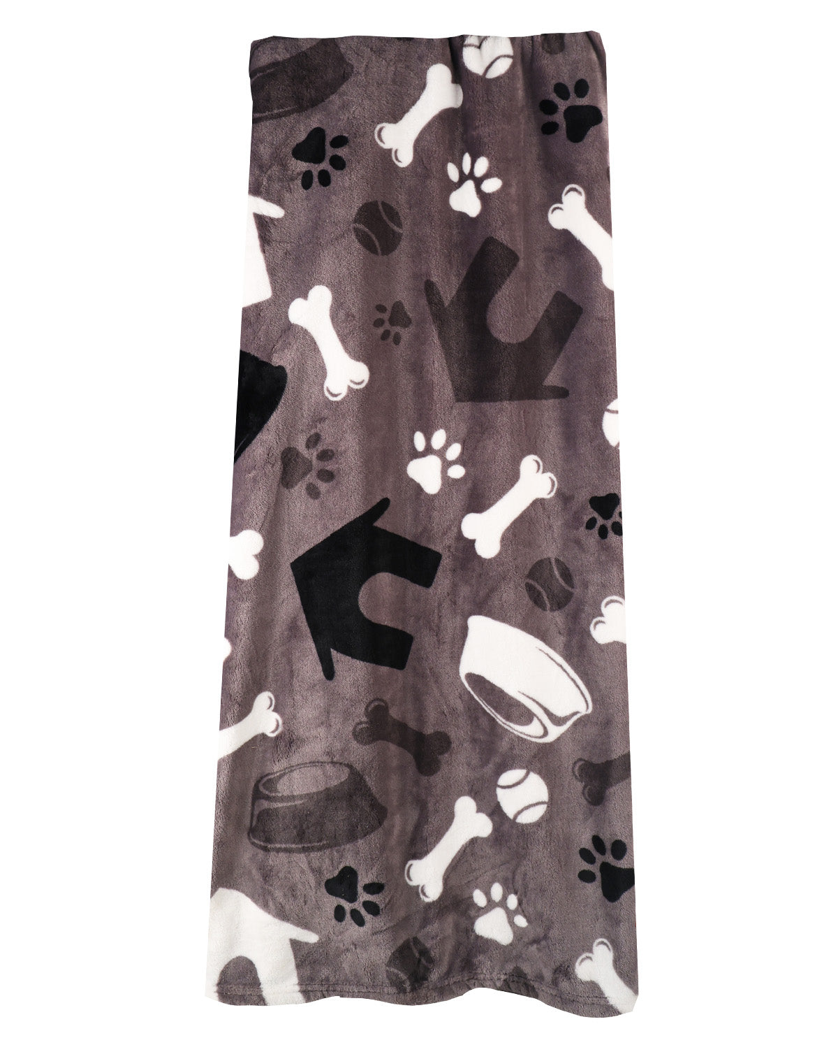 A rectangular pet blanket with a plush texture, featuring a pattern of white and black dog bones, paw prints, and silhouettes of bowls, balls, and a collar on a dark gray background.