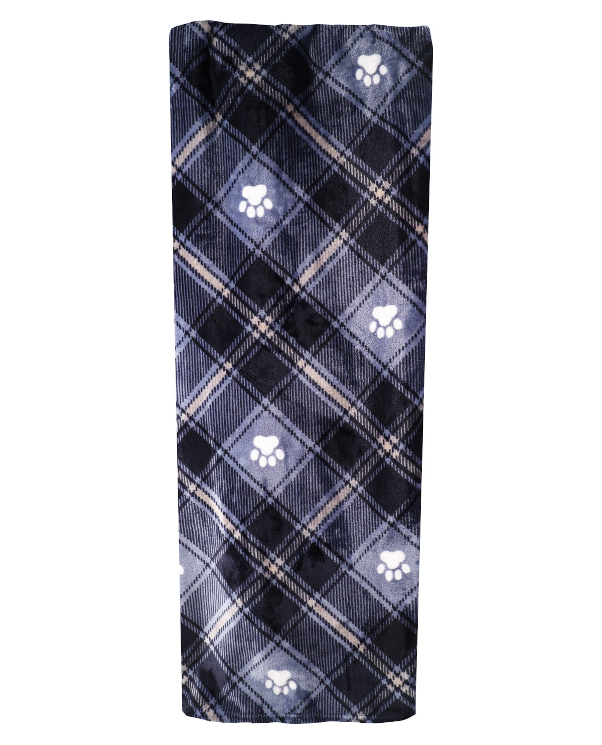 A fleece blanket with a navy blue and black plaid pattern, accented with white paw prints and thin tan stripes.