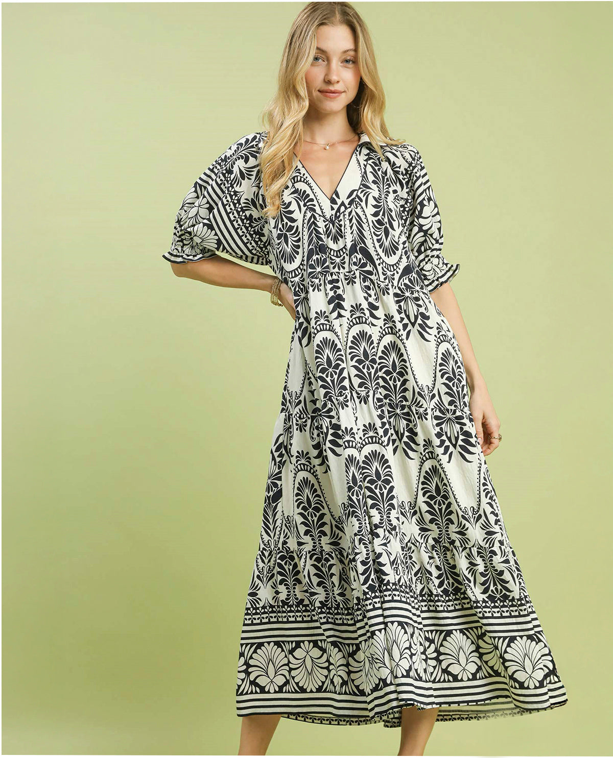 Umgee Two Tone Border Print Dress Cream