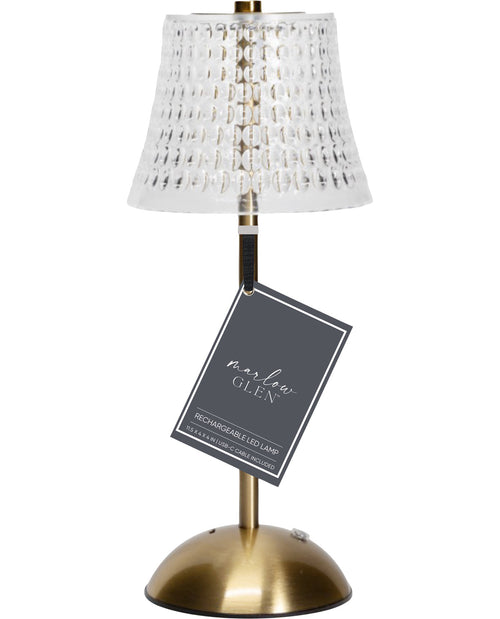 Table lamp with a white shade and gold base, featuring a 'Marlow Glen' tag.