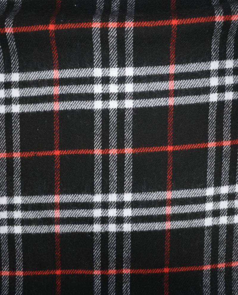 A close-up of a plaid fabric pattern with a black base, white and gray stripes, and thin red accent lines.