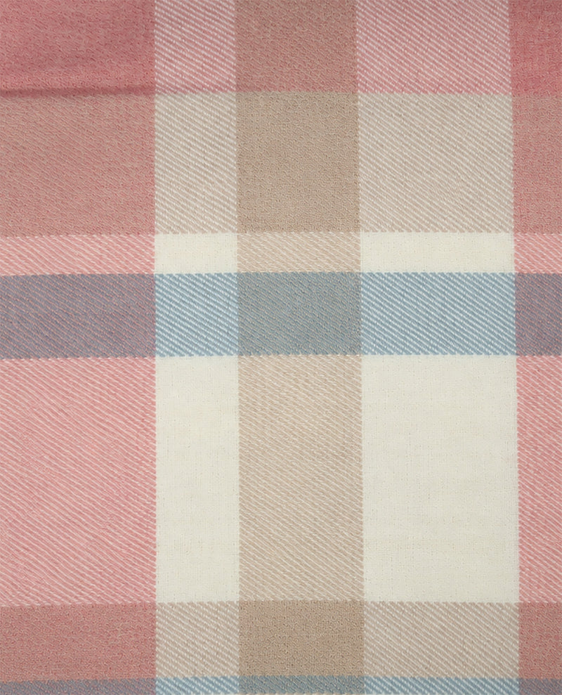 A close-up of a plaid fabric pattern with intersecting stripes in dusty pink, beige, off-white, light blue, and muted purple, showing a woven texture.