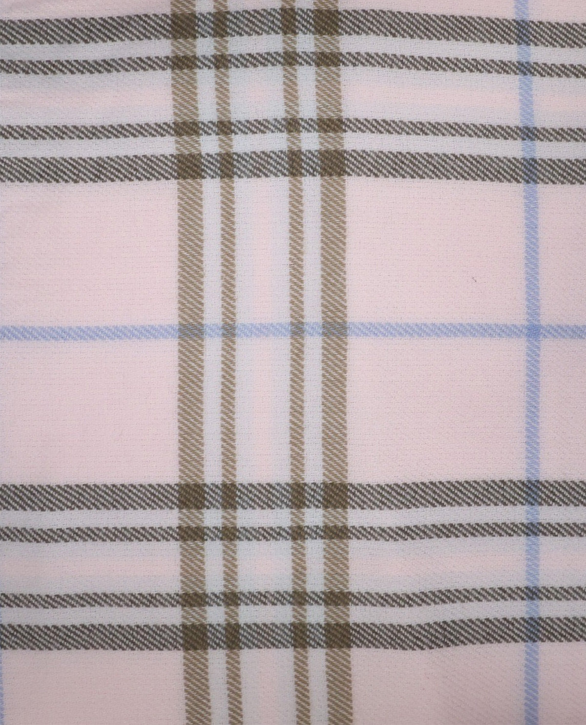 A close-up of a plaid fabric pattern featuring a light pink base with brown, black, and light blue intersecting stripes.
