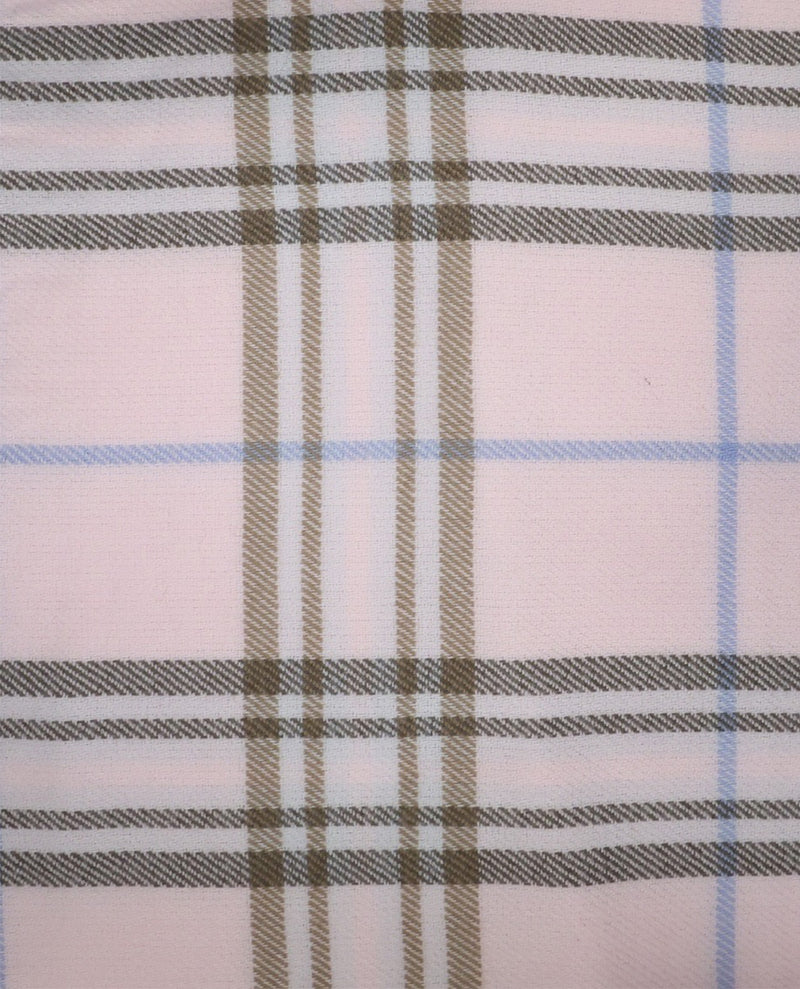 A close-up of a plaid fabric pattern featuring a light pink base with brown, black, and light blue intersecting stripes.