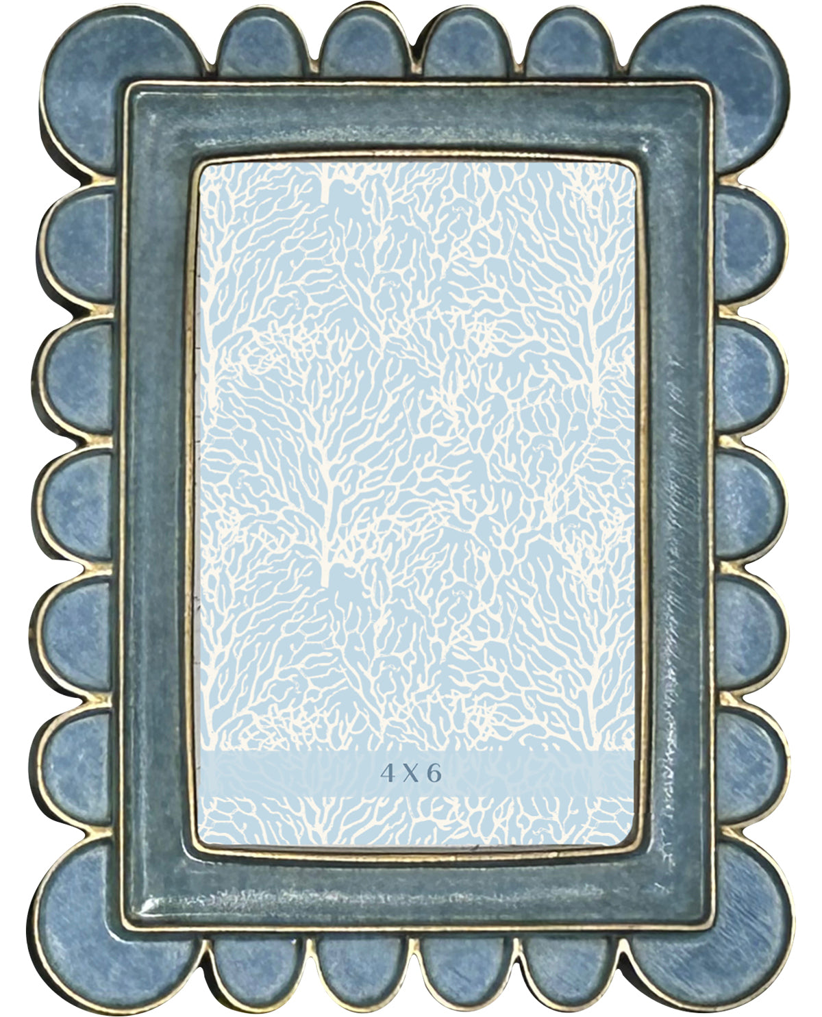 Decorative photo frame with scalloped edge and floral pattern on a white background