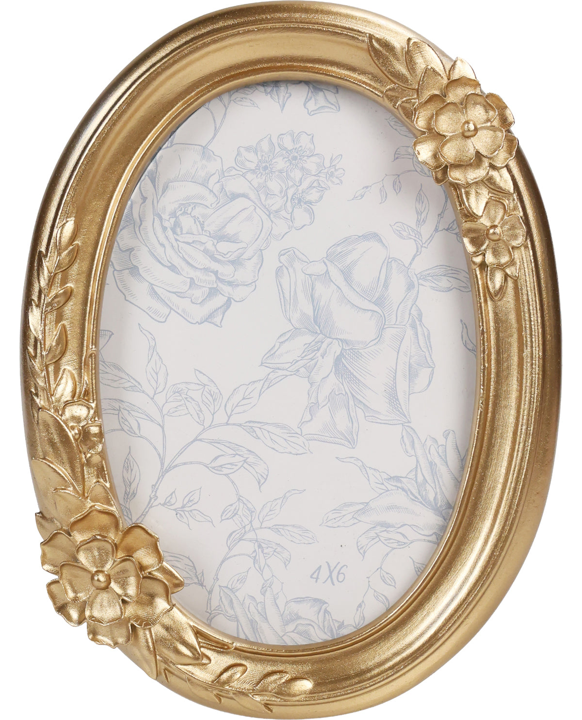 Gold ornate picture frame with floral designs on a white background