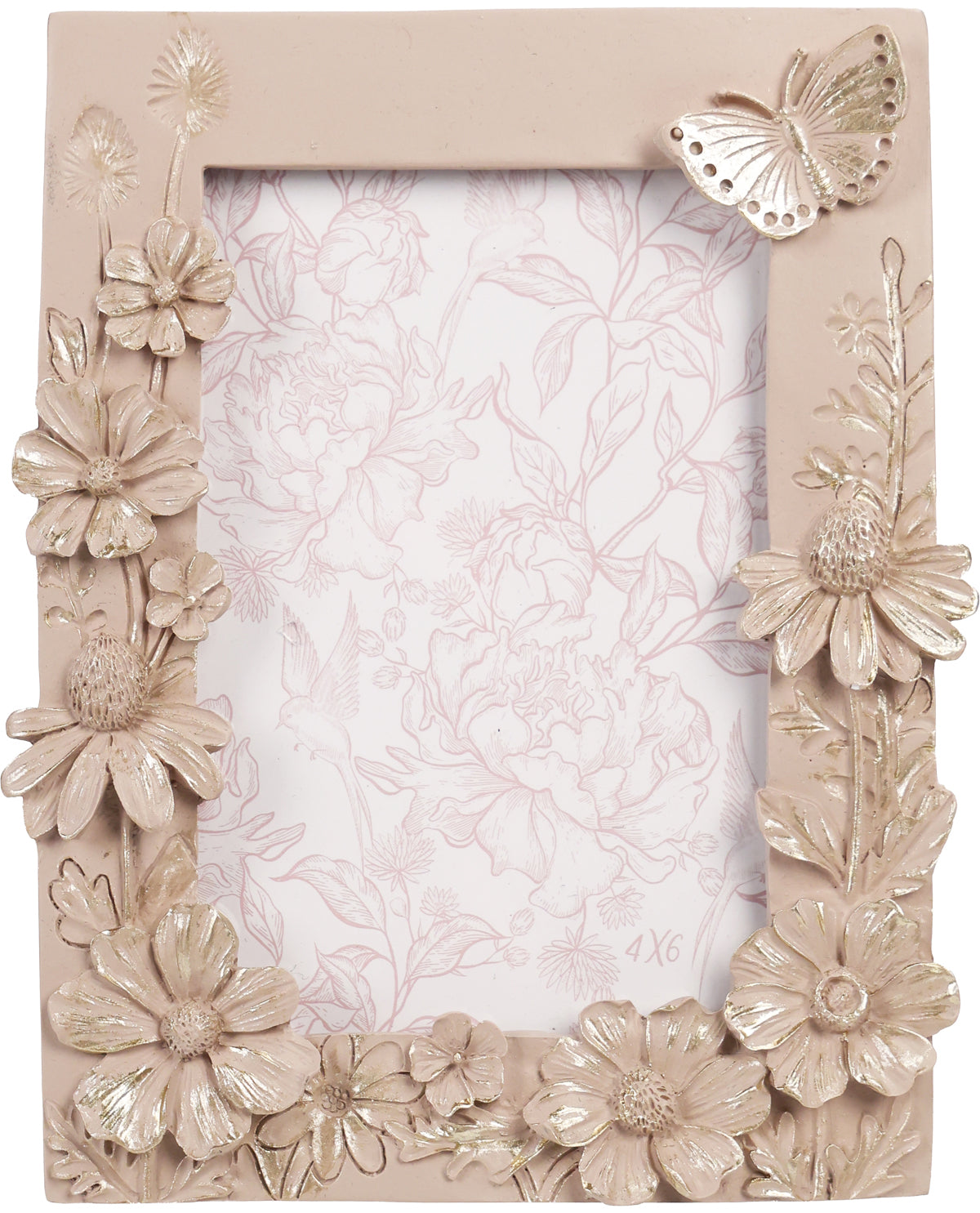 Decorative photo frame with floral and butterfly design on a beige background