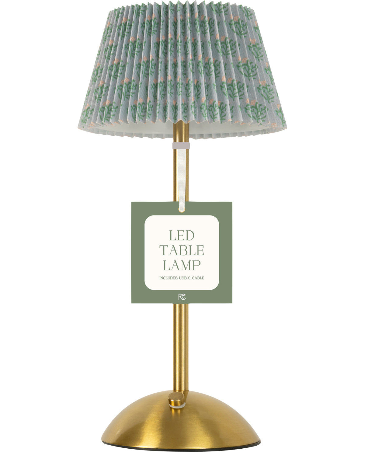 LED table lamp with a decorative lampshade on a white background