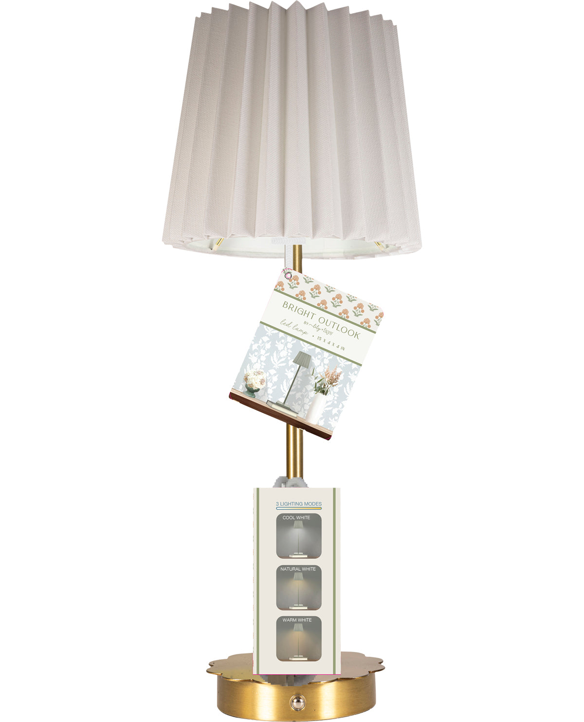 Decorative lamp with a white pleated shade and gold base on a white background