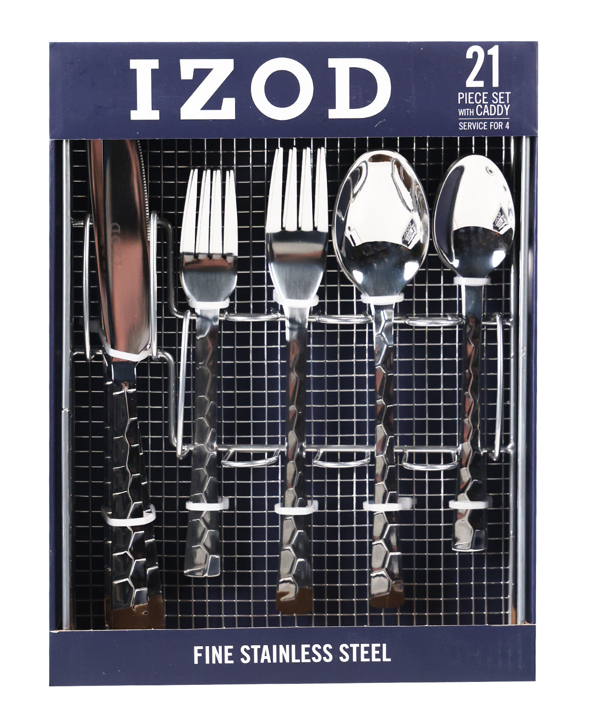 IZOD 21-piece stainless steel cutlery set in its retail packaging, featuring textured black handles and polished silver blades.