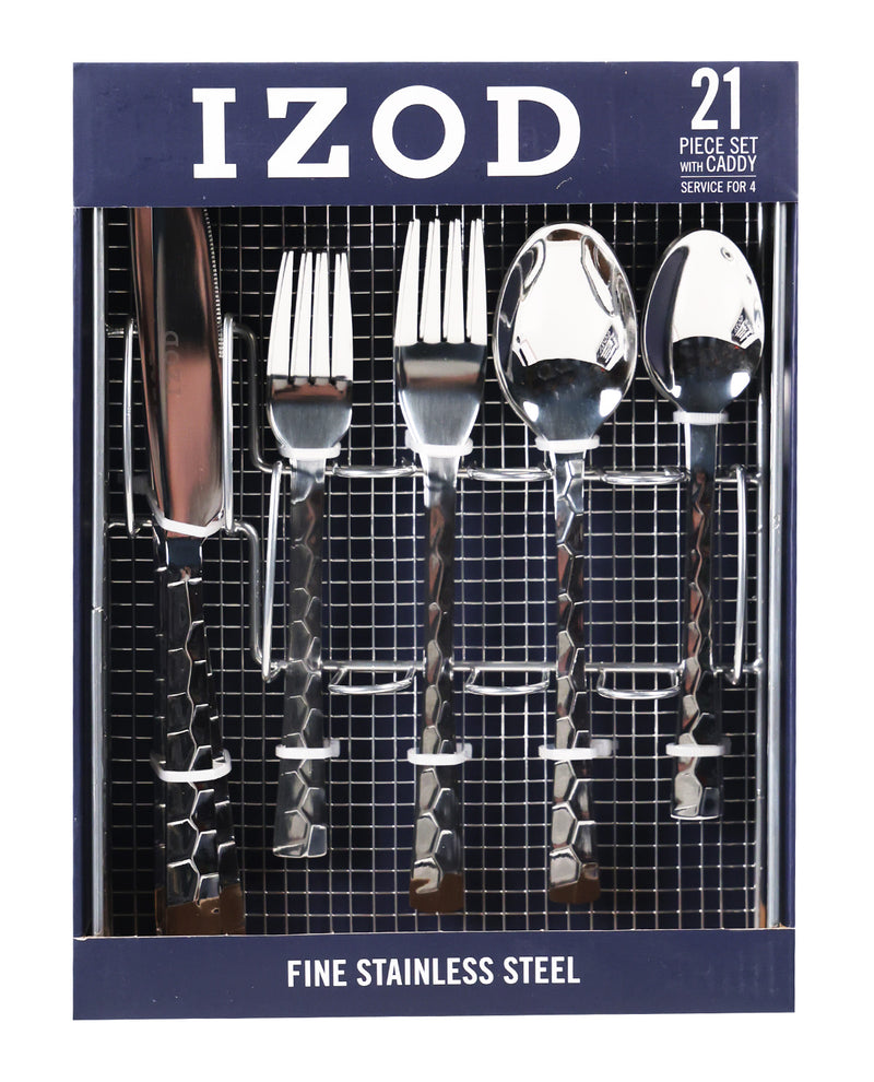 IZOD 21-piece stainless steel cutlery set in its retail packaging, featuring textured black handles and polished silver blades.