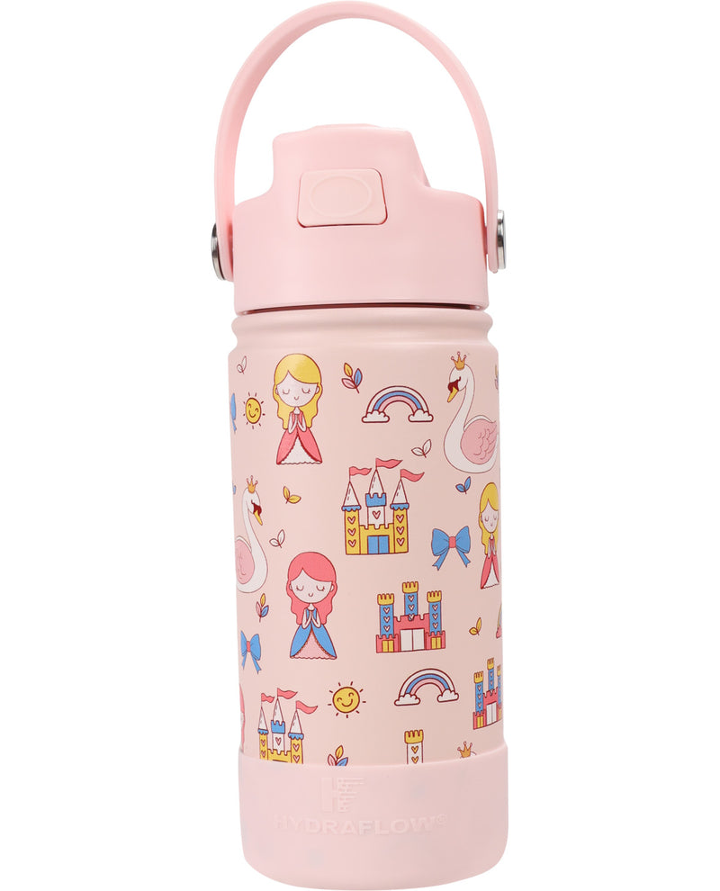 A light pink insulated water bottle with a matching carry loop lid, decorated with a whimsical cartoon pattern of castles, swans, rainbows, and fairies. The brand name 'DRAKE LOVE' is printed in white near the bottom base.