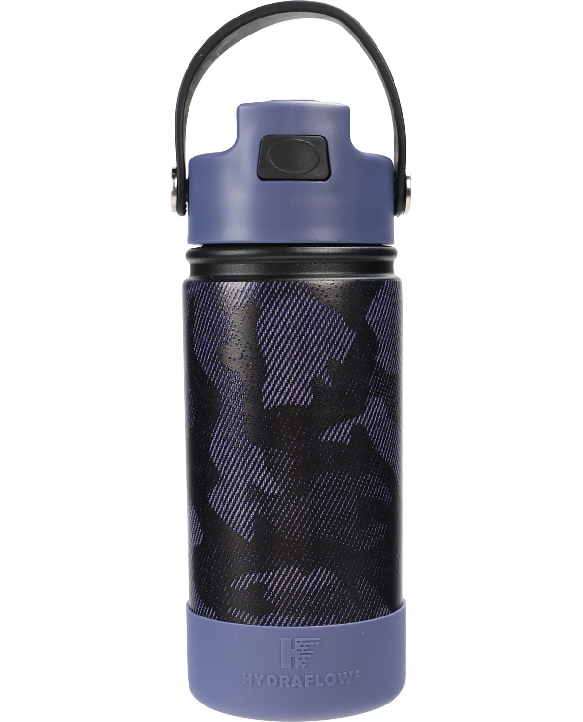 HydraFlow insulated water bottle with a blue-purple lid and base, featuring a black and blue camouflage pattern on the body and a black carrying loop.