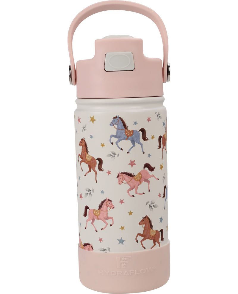 A pink and white HydroPlastics insulated water bottle with a handle lid, decorated with a pattern of colorful horses and stars.