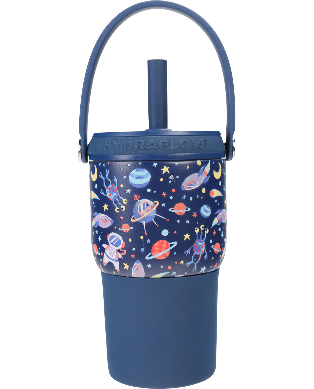 A navy blue HydraFlow insulated tumbler with a matching blue lid and carry loop, featuring a colorful space-themed pattern of planets, stars, and rockets on the upper half.