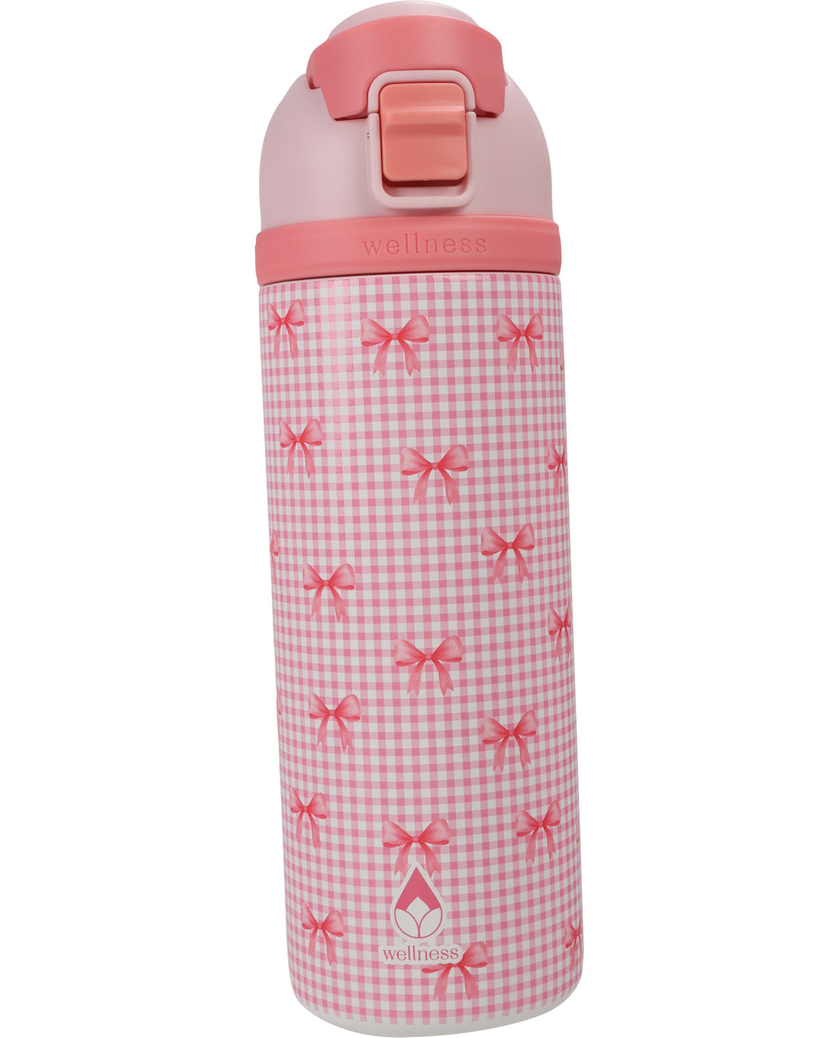 A pink and white gingham insulated water bottle with a repeating pink bow pattern, featuring a pink flip-top lid and the Wellness logo near the bottom.
