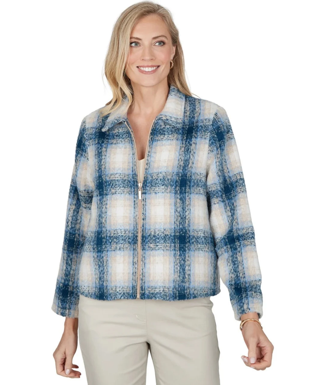 Alfred Dunner Petite Sunset Ridge Plaid Texture Jacket Blue