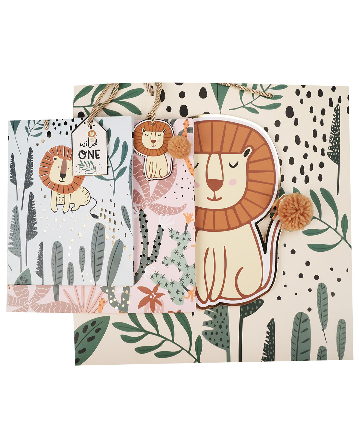 A set of children's gift bags and envelopes featuring a whimsical cartoon lion and leafy botanical patterns in muted green, pink, orange, and cream tones.