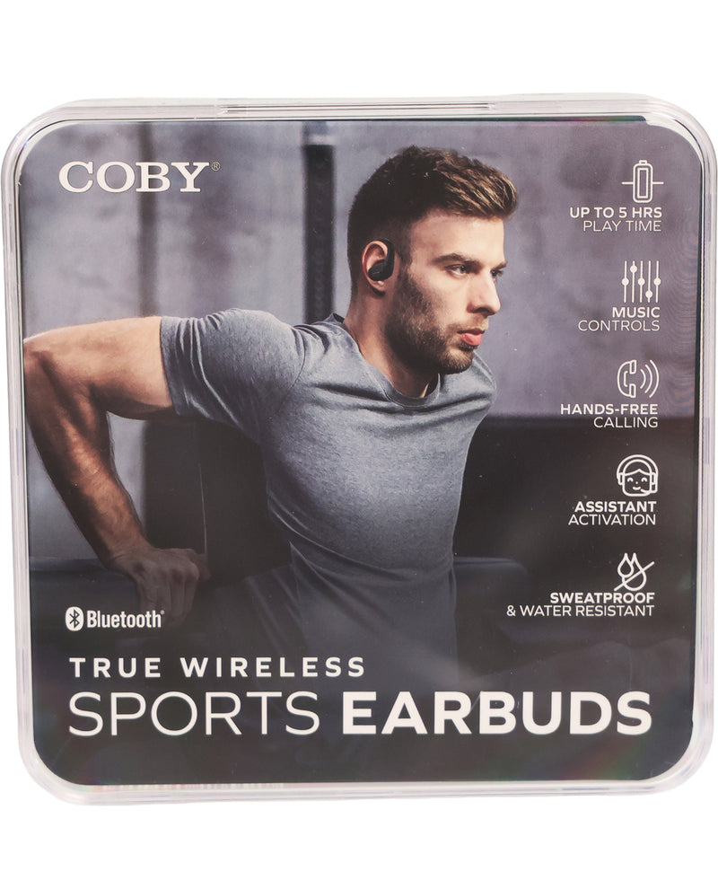Coby True Wireless Sports Earbuds packaging with a man exercising in the background