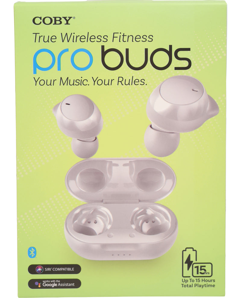 Coby True Wireless Fitness Pro Buds packaging with green background