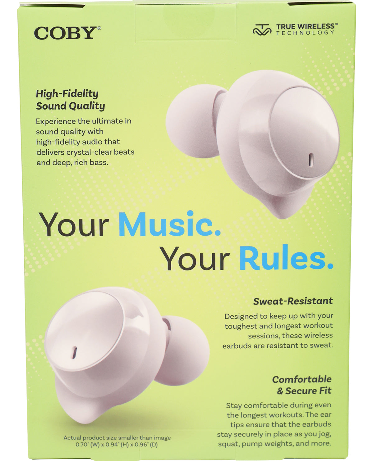 Coby wireless earbuds packaging with green background and white earbuds
