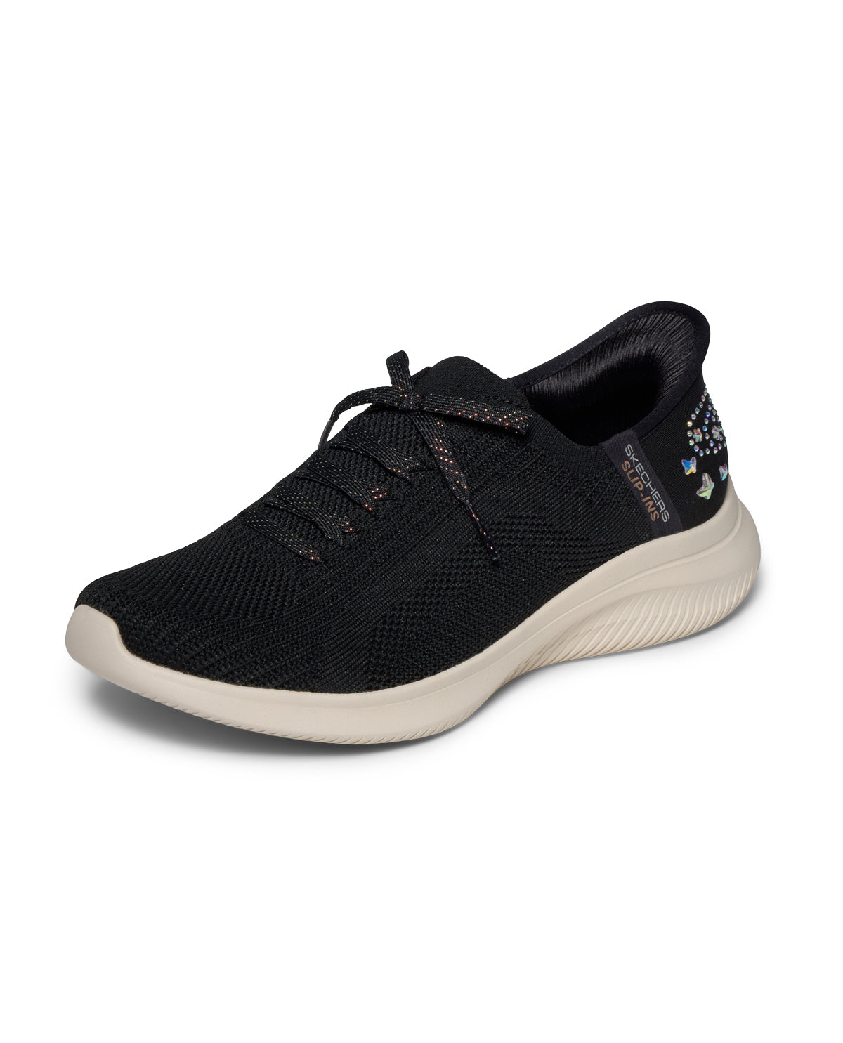 Black sneaker with white sole on a white background