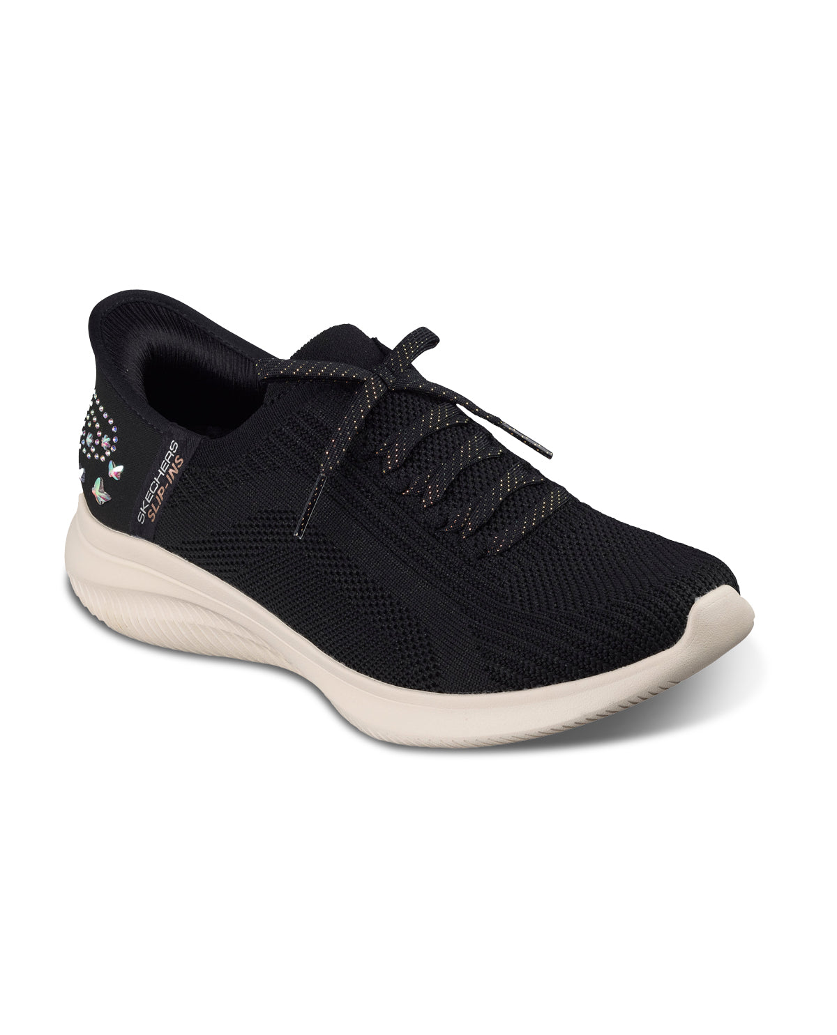 Black sneaker with white sole on a white background