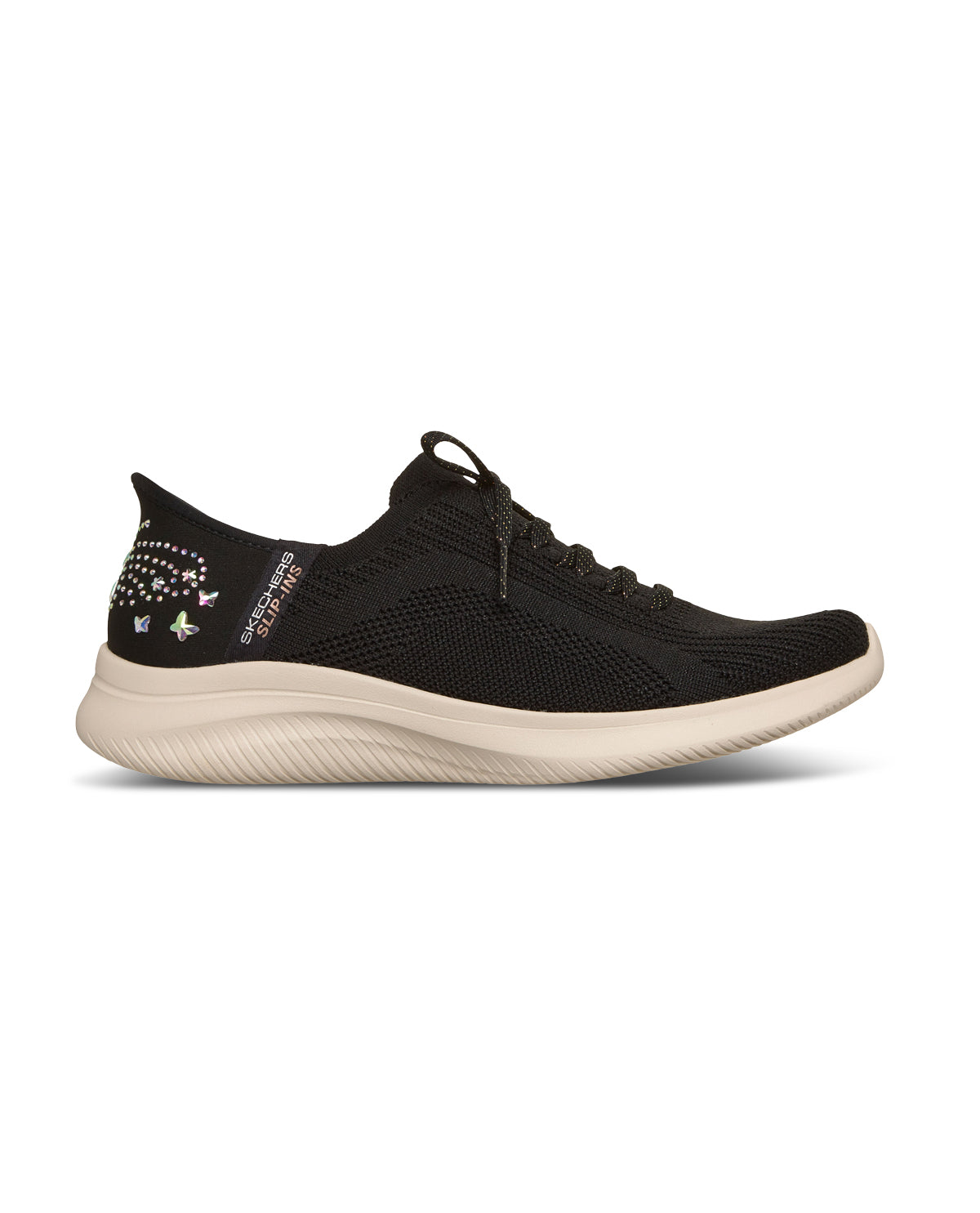 A black knit athletic sneaker shown from a side profile, featuring black speckled laces and a contrasting off-white sole, set against a plain white background.