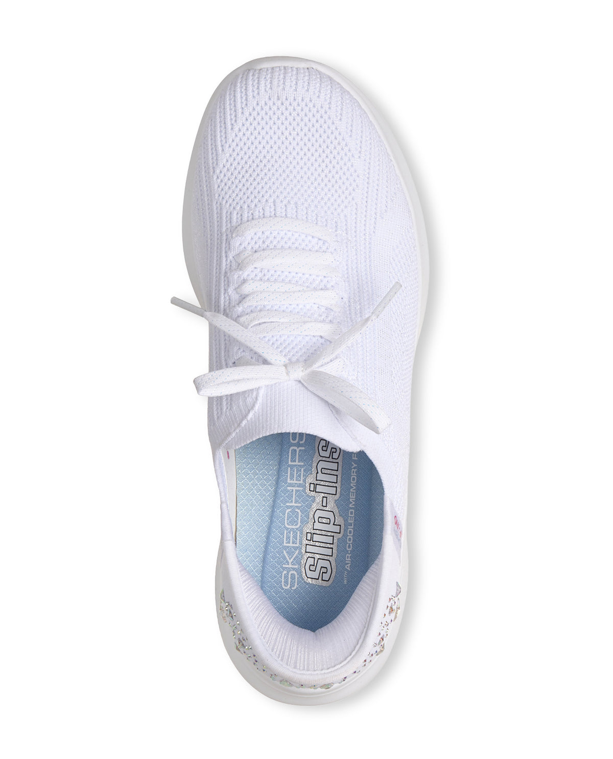 White sneaker with 'Skechers' branding on a white background