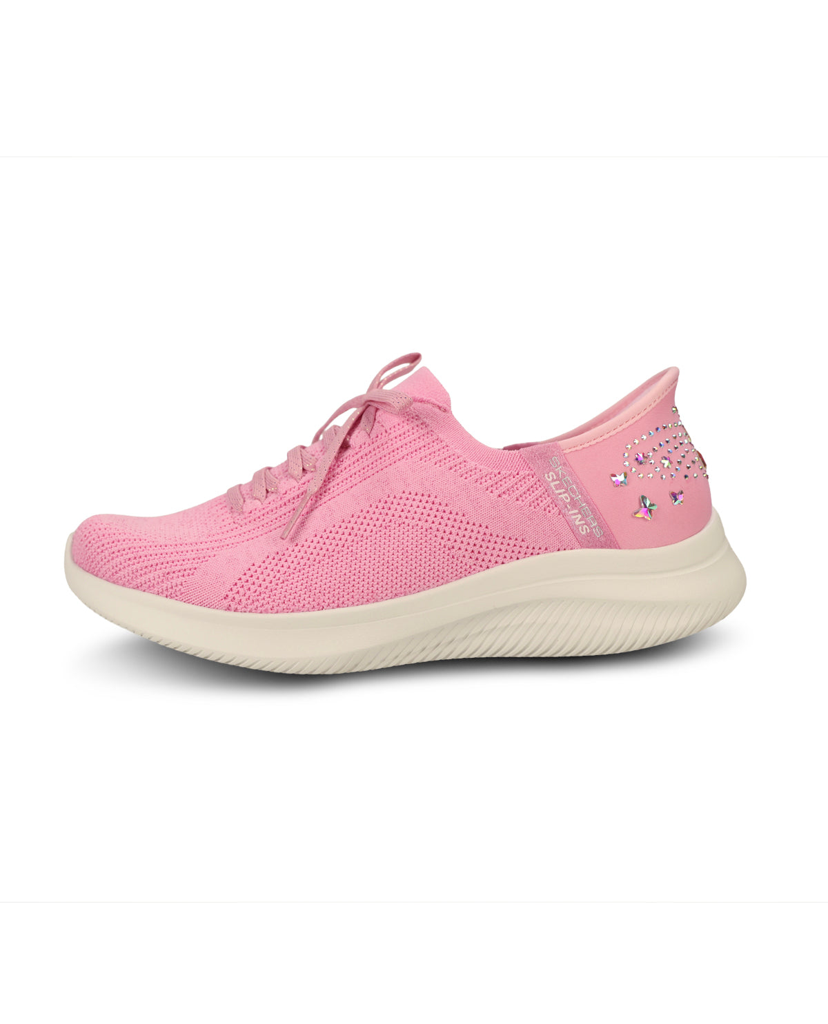 A pink knit slip-on sneaker with a thick cream-colored sole and decorative rhinestone embellishments on the heel, shown against a plain white background.